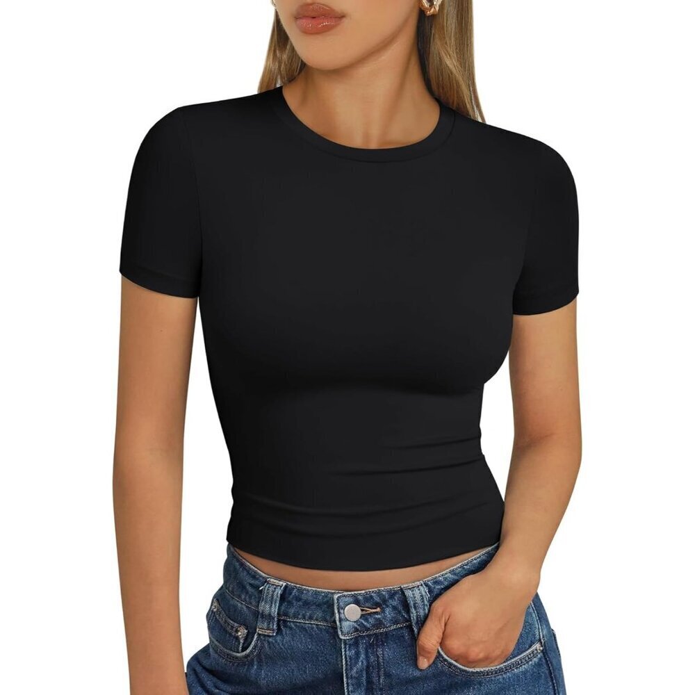 Womens Short Sleeve T Shirts Summer Crop Tops Basic Slim Fit Gym Workout Y2k Clo